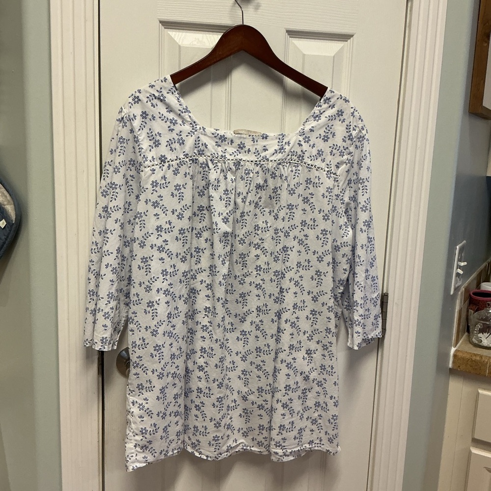 Woman Within 1X White Blue Soft Cotton Floral Cottagecore Print Square Neck Top